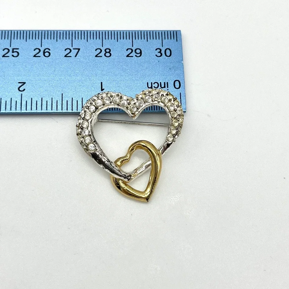 Vintage‎ Napier Heart Brooch Rhinestone Two Tone Gold Silver Interlocking